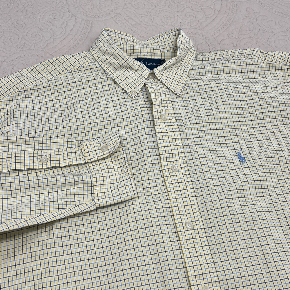 Ralph Lauren Mens Classic Fit Yellow Blue Check Cotton Button Down Shirt L *FLAW